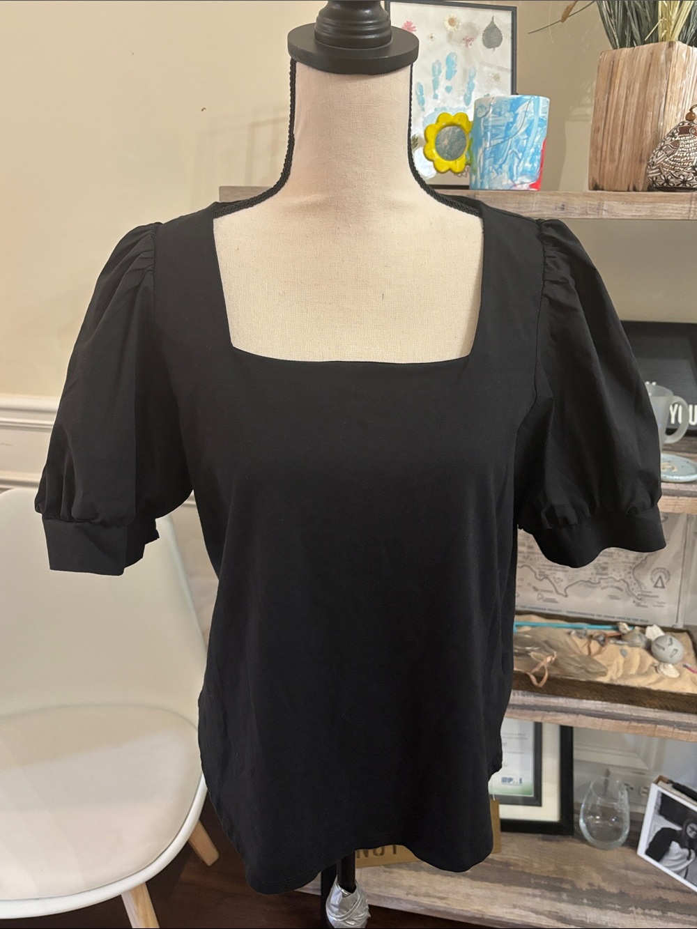 Bailey 44 Black Square-Neck Puff Sleeve Blouse